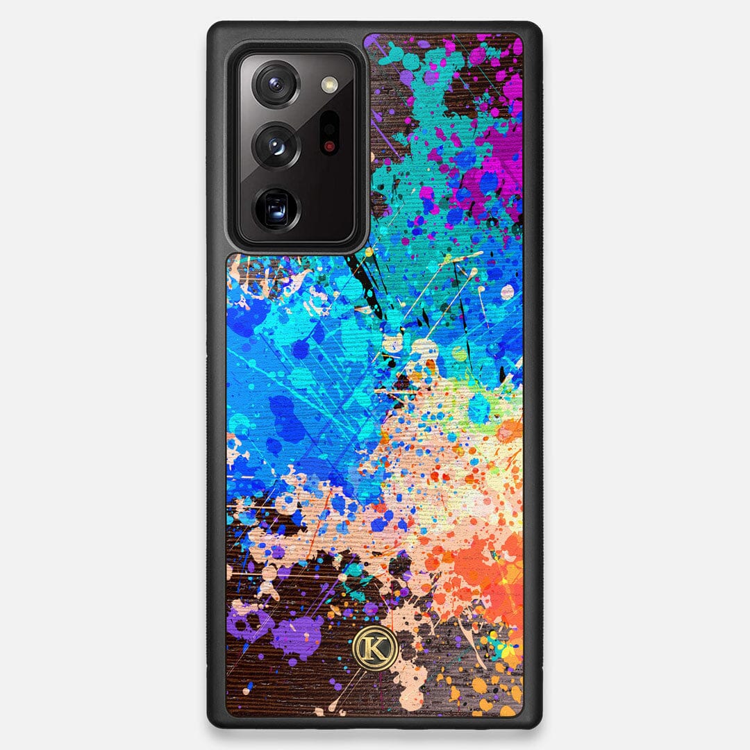 Front view of the realistic paint splatter 'Chroma' printed Wenge Wood Galaxy Note 20 Ultra Case by Keyway Designs
