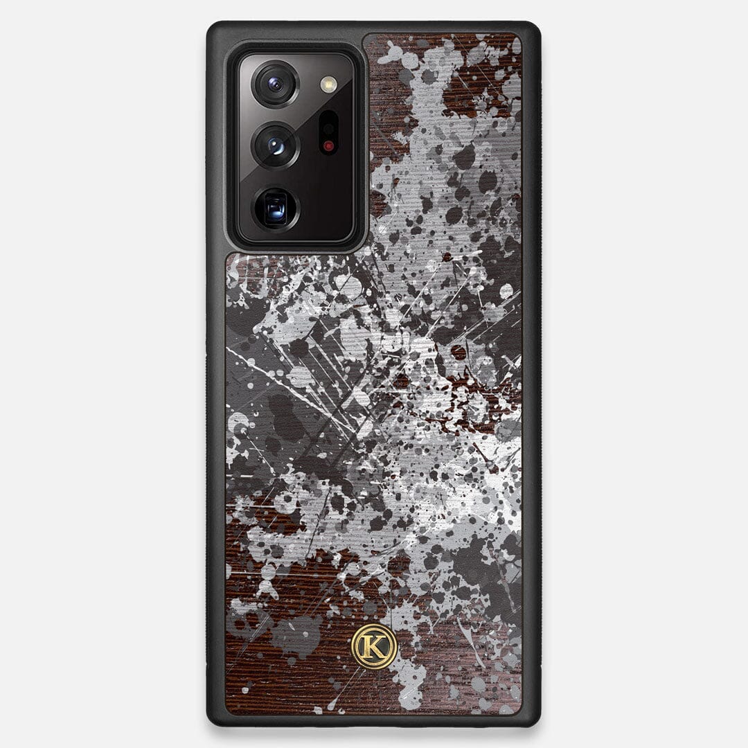 Front view of the aggressive, monochromatic splatter pattern overprintedprinted Wenge Wood Galaxy Note 20 Ultra Case by Keyway Designs