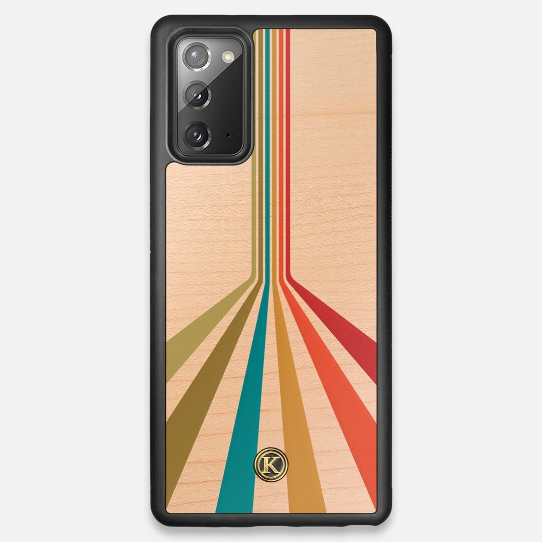 Front view of the array of colour beams splitting across the case printed on Maple wood Galaxy Note 20 Case by Keyway Designs