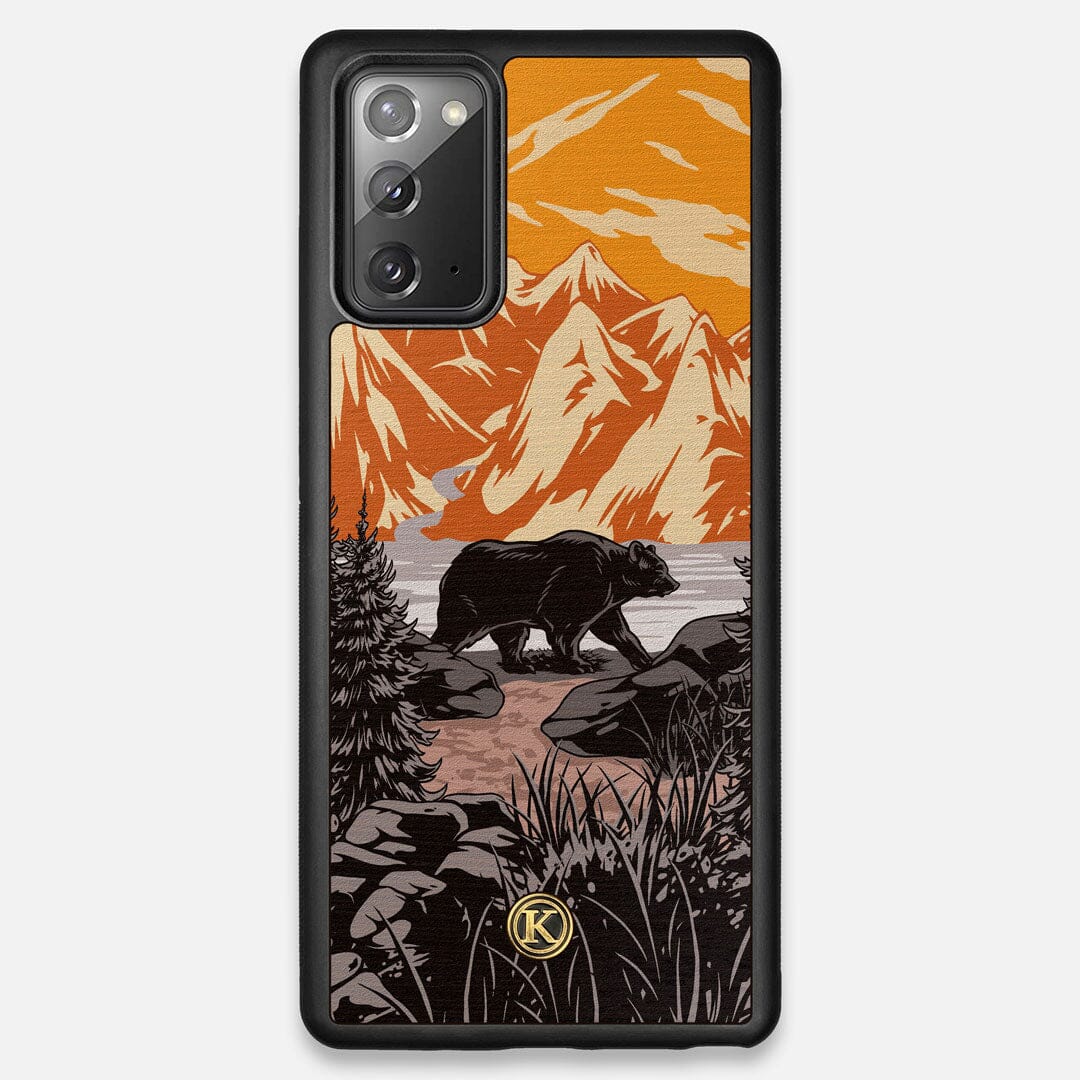Front view of the stylized Kodiak bear in the mountains print on Wenge wood Galaxy Note 20 Case by Keyway Designs