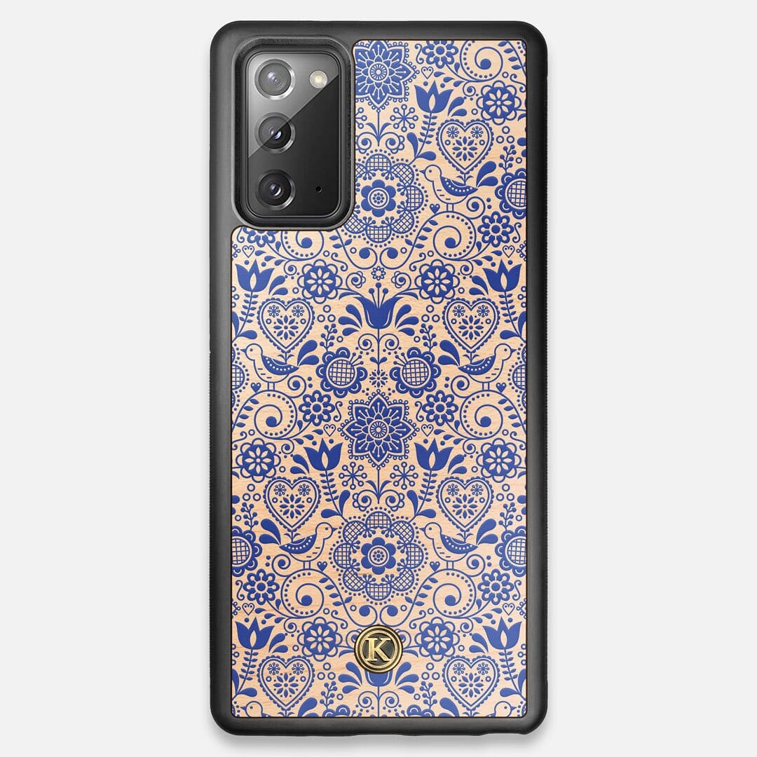 Front view of the blue floral pattern on maple wood Galaxy Note 20 Case by Keyway Designs