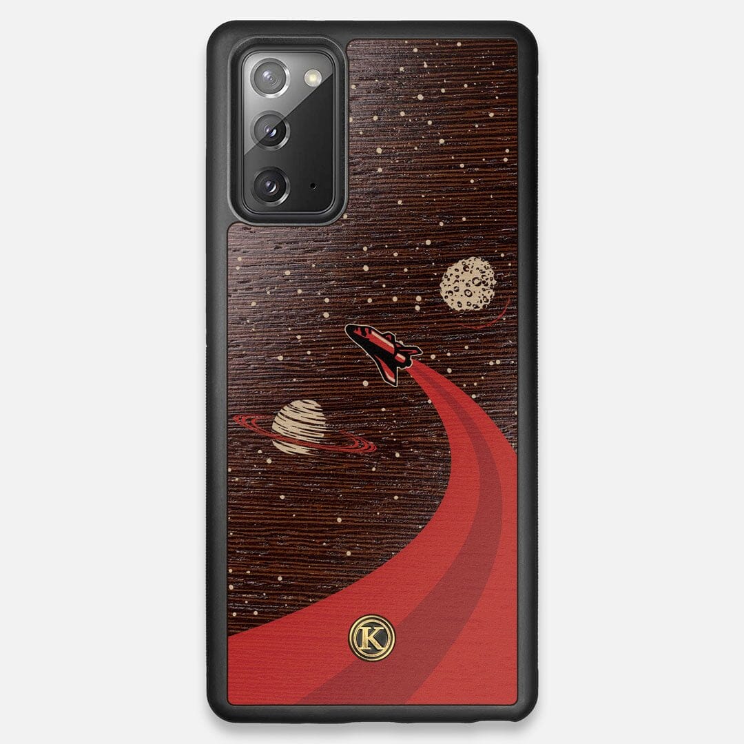 Front view of the stylized space shuttle boosting to saturn printed on Wenge wood Galaxy Note 20 Case by Keyway Designs