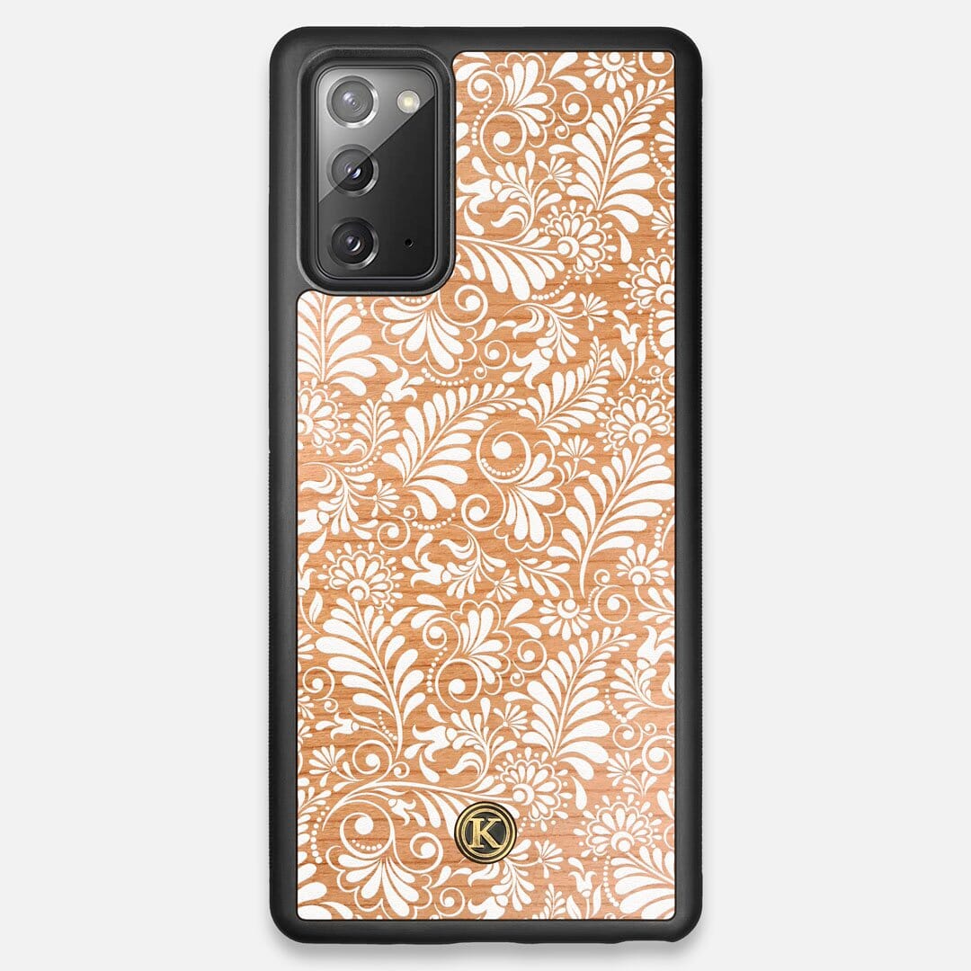 Front view of the white ink flowing botanical print on Cherry wood Galaxy Note 20 Case by Keyway Designs