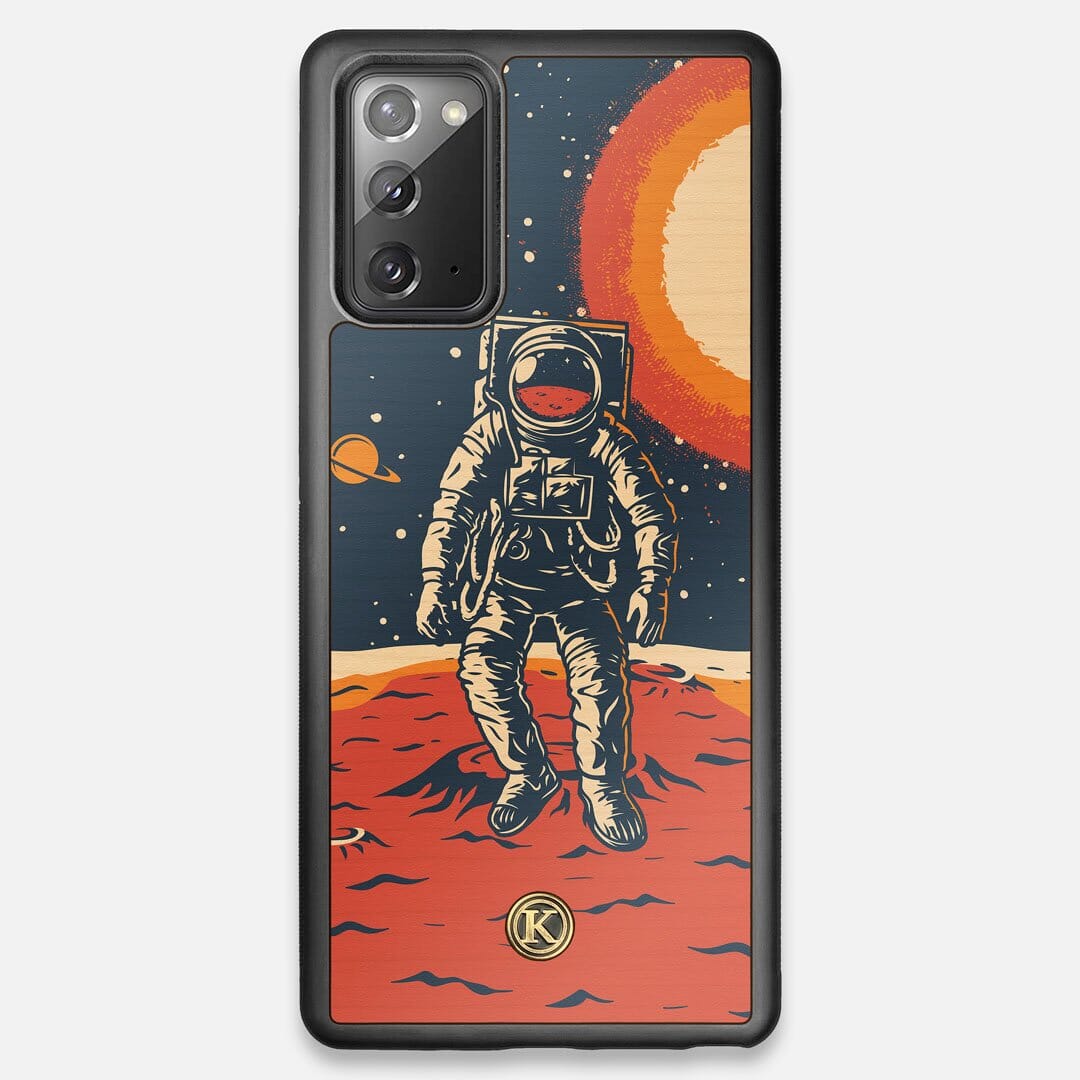 Front view of the stylized astronaut space-walk print on Cherry wood Galaxy Note 20 Case by Keyway Designs