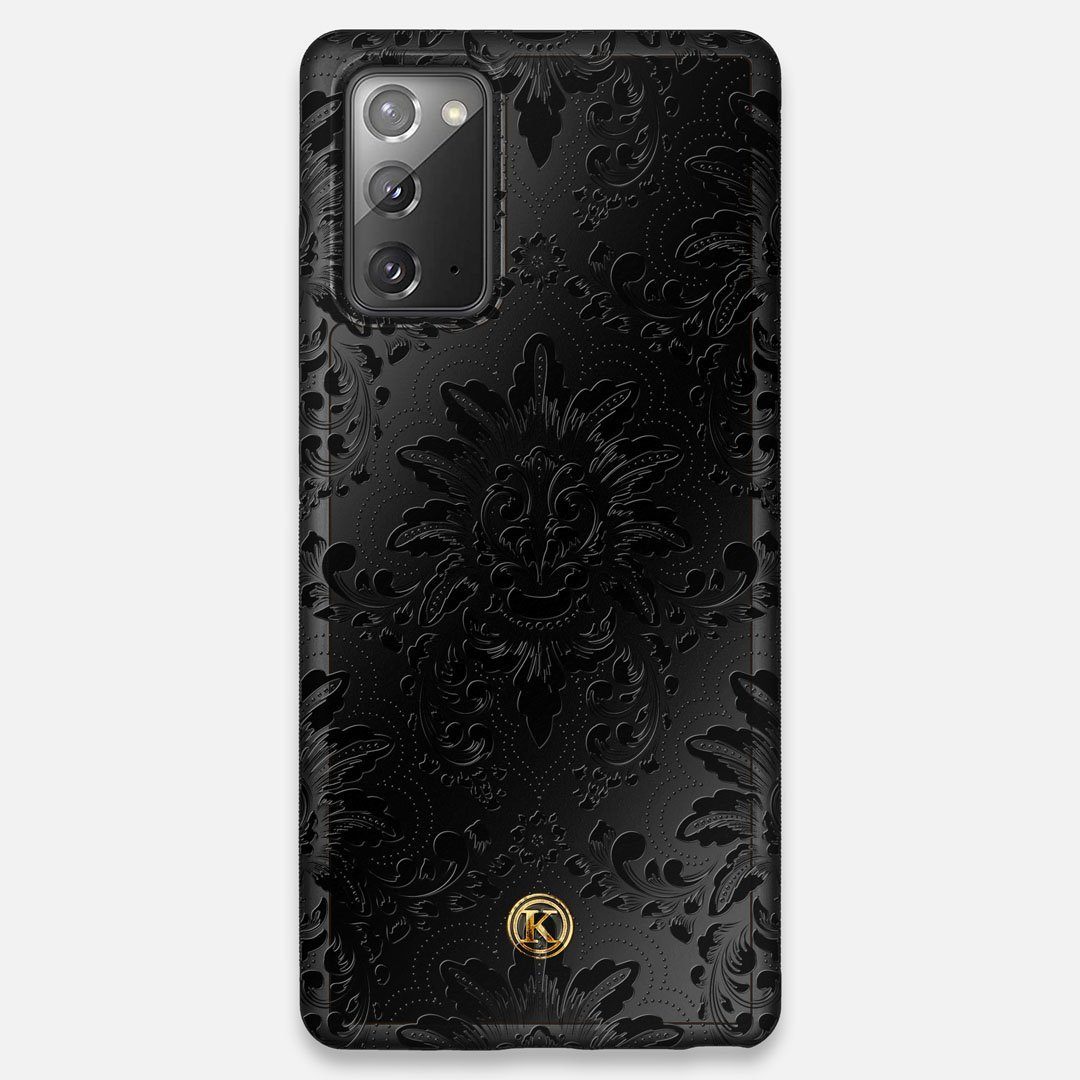 Front view of the detailed gloss Damask pattern printed on matte black impact acrylic Galaxy Note 20 Case by Keyway Designs
