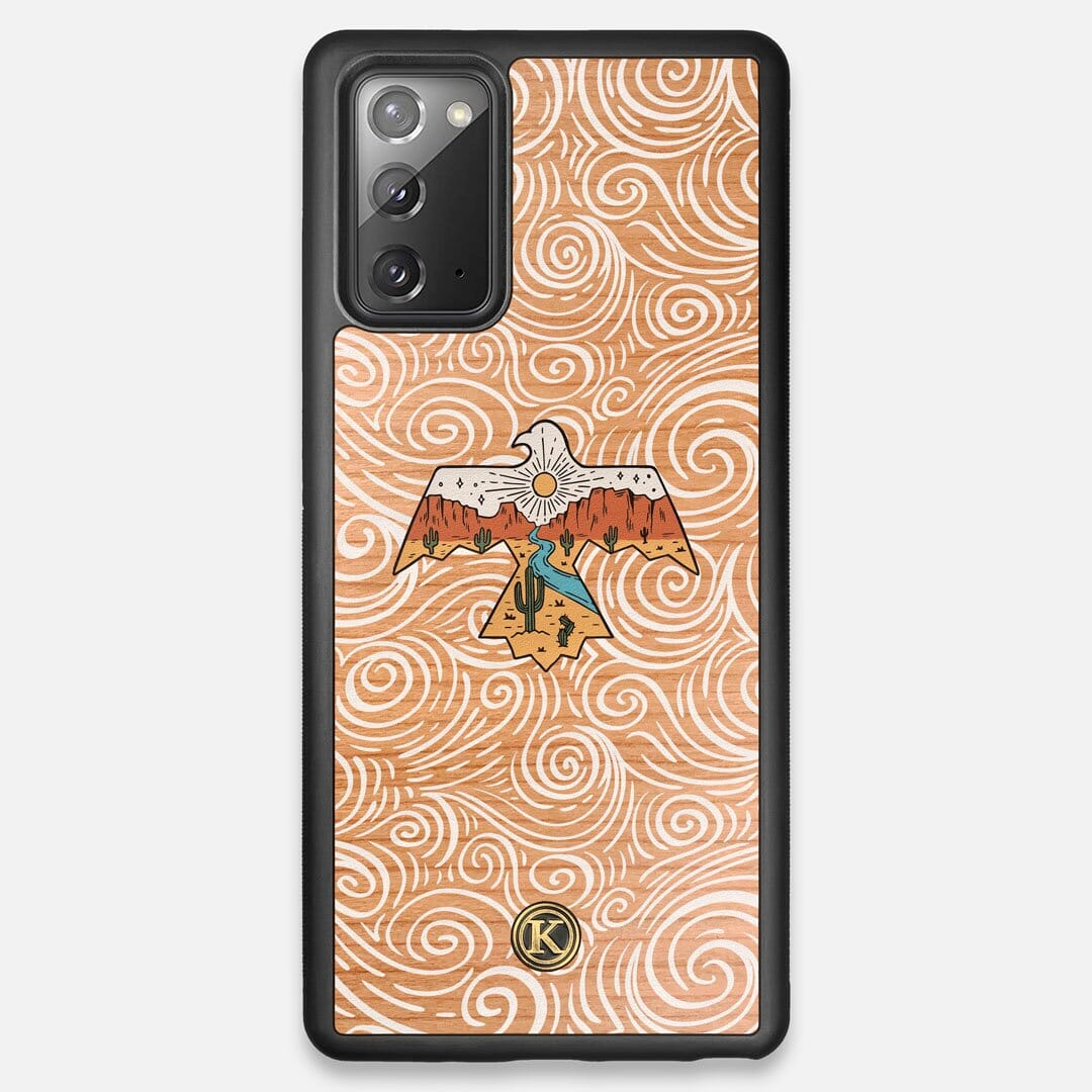 Front view of the double-exposure style eagle over flowing gusts of wind printed on Cherry wood Galaxy Note 20 Case by Keyway Designs