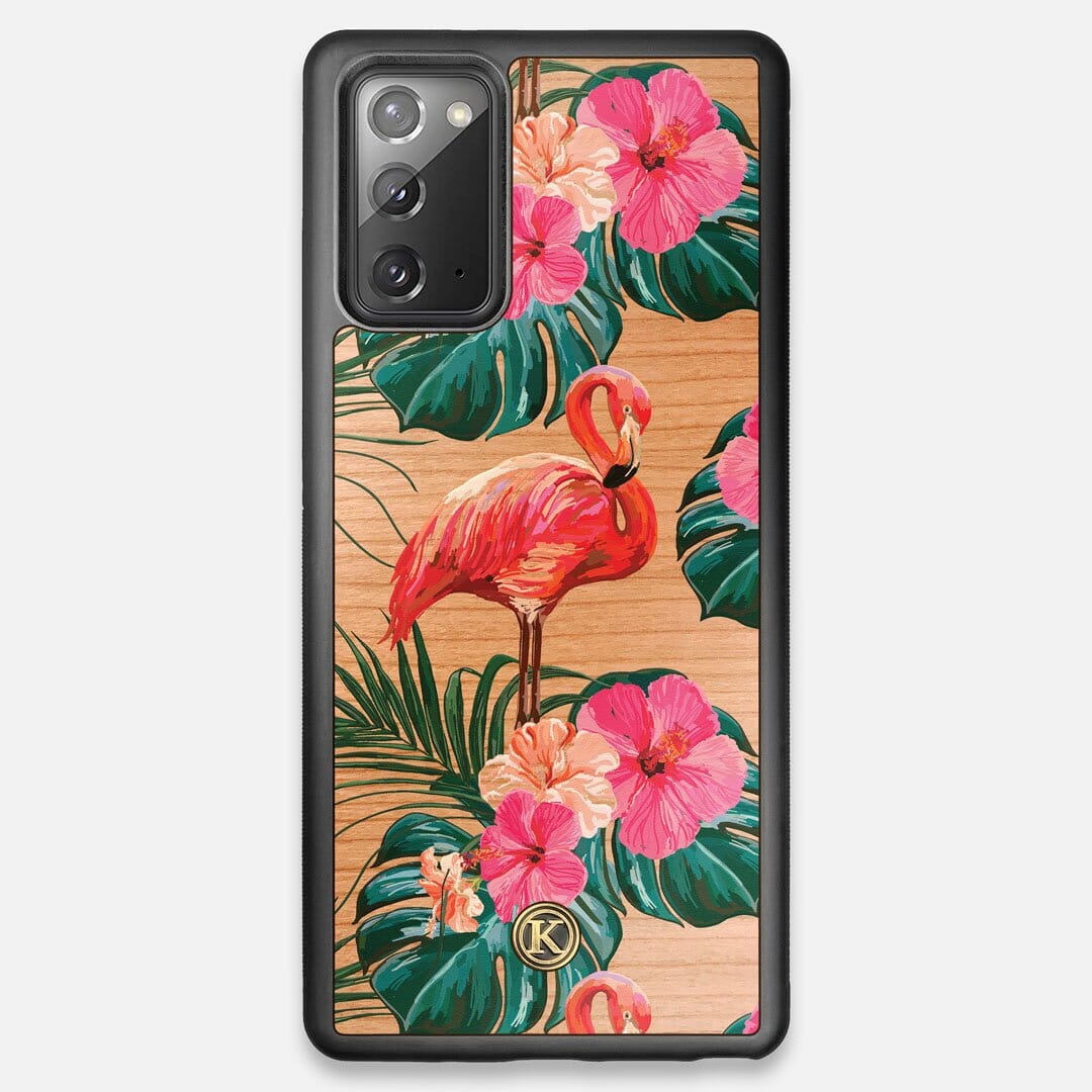 Front view of the Flamingo & Floral printed Cherry Wood Galaxy Note 20 Case by Keyway Designs