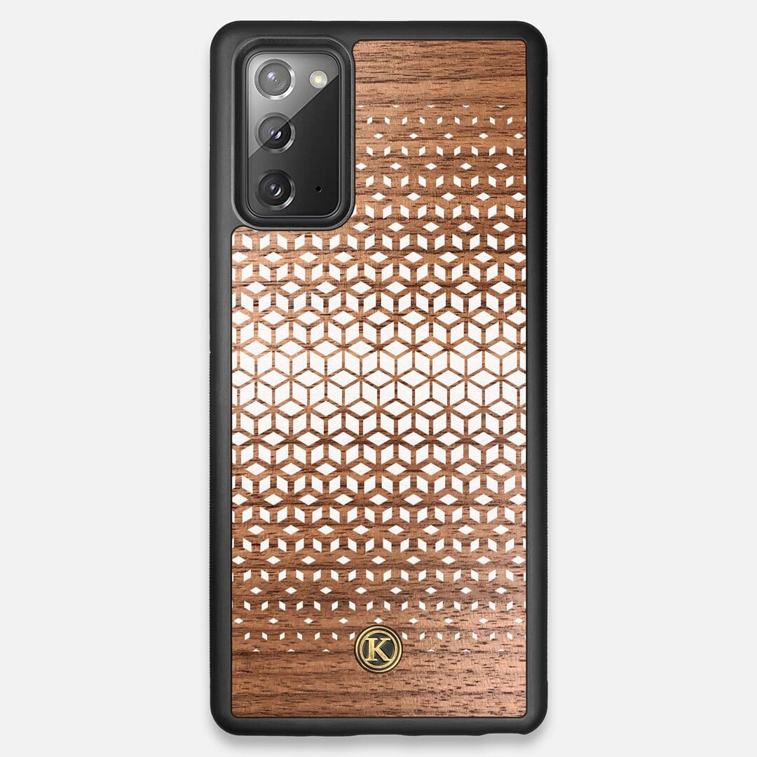 Front view of the white ink geometric gradient printed on Walnut wood Galaxy Note 20 Case by Keyway Designs