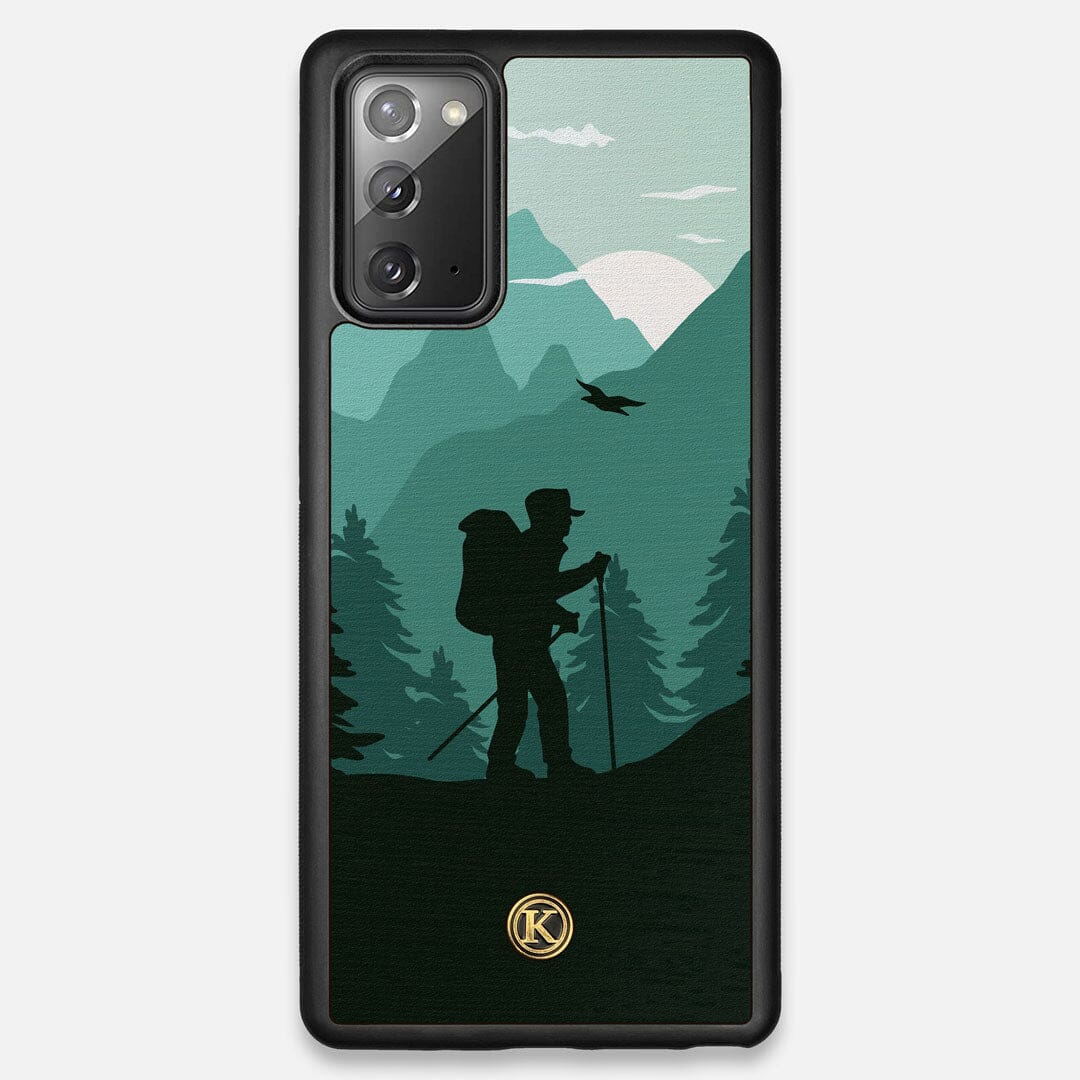 Front view of the stylized mountain hiker print on Wenge wood Galaxy Note 20 Case by Keyway Designs