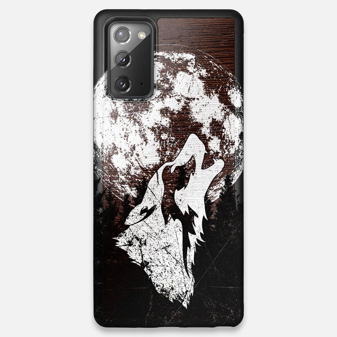 Front view of the high-contrast howling wolf on a full moon printed on a Wenge Wood Galaxy Note 20 Case by Keyway Designs