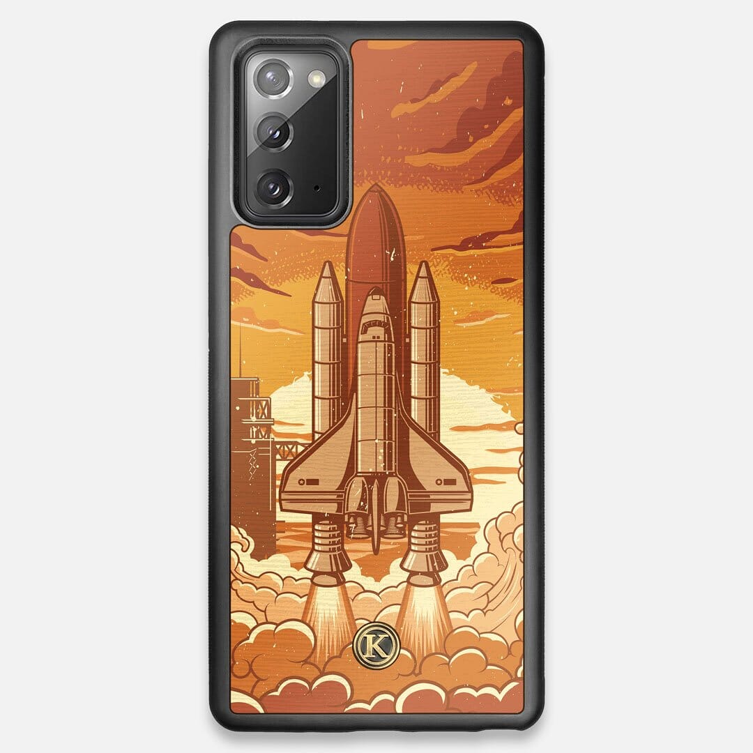 Front view of the vibrant stylized space shuttle launch print on Wenge wood Galaxy Note 20 Case by Keyway Designs
