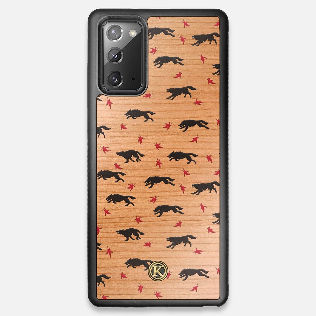 Front view of the unique pattern of wolves and Maple leaves printed on Cherry wood Galaxy Note 20 Case by Keyway Designs