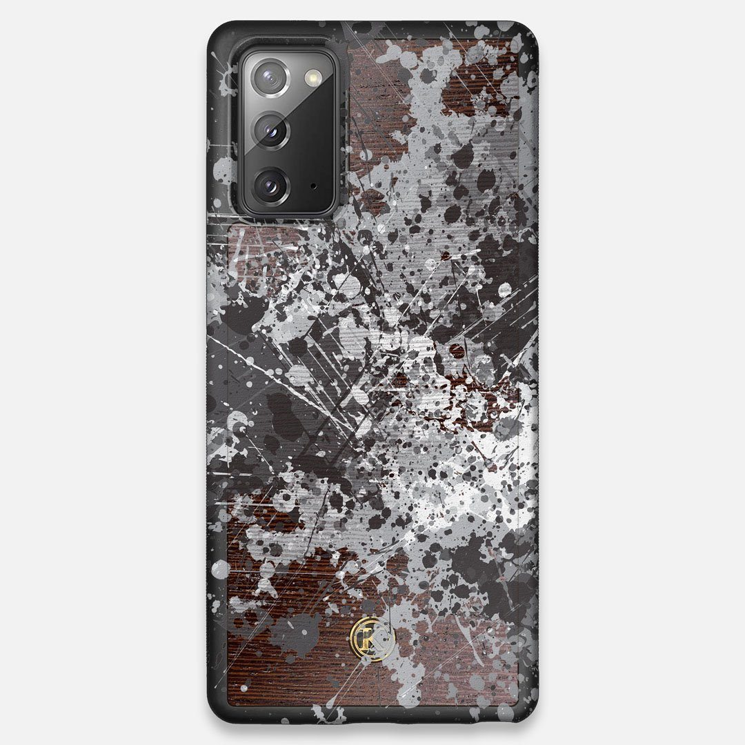 Front view of the aggressive, monochromatic splatter pattern overprintedprinted Wenge Wood Galaxy Note 20 Case by Keyway Designs