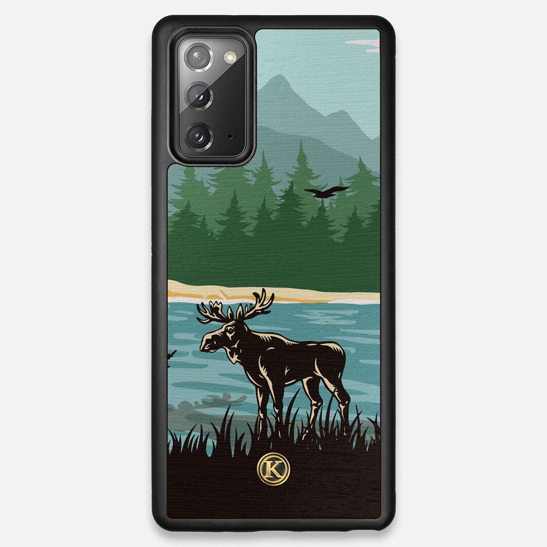 Front view of the stylized bull moose forest print on Wenge wood Galaxy Note 20 Case by Keyway Designs