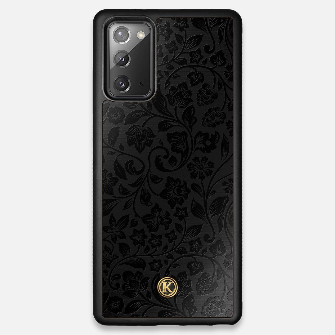 Front view of the highly detailed midnight floral engraving on matte black impact acrylic Galaxy Note 20 Case by Keyway Designs