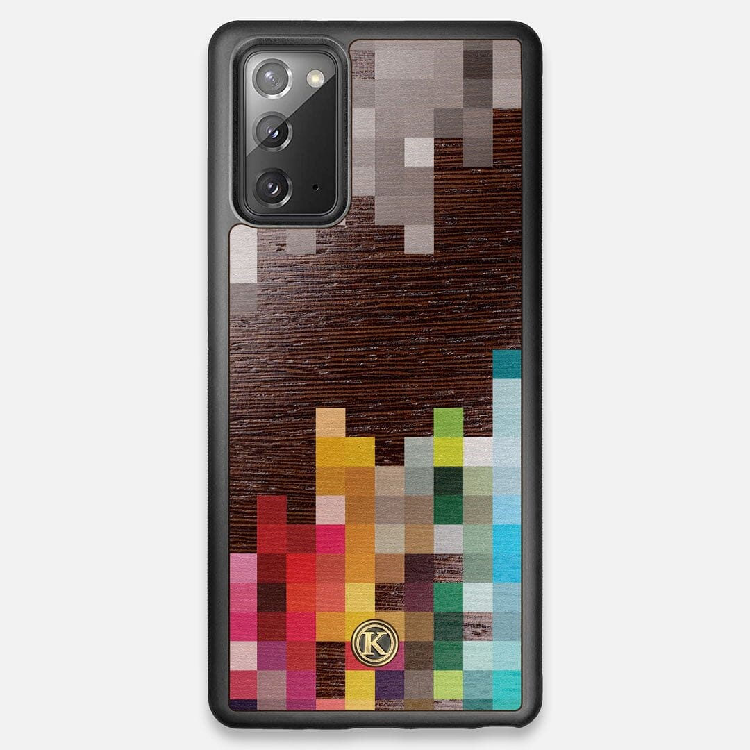 Front view of the digital art inspired pixelation design on Wenge wood Galaxy Note 20 Case by Keyway Designs