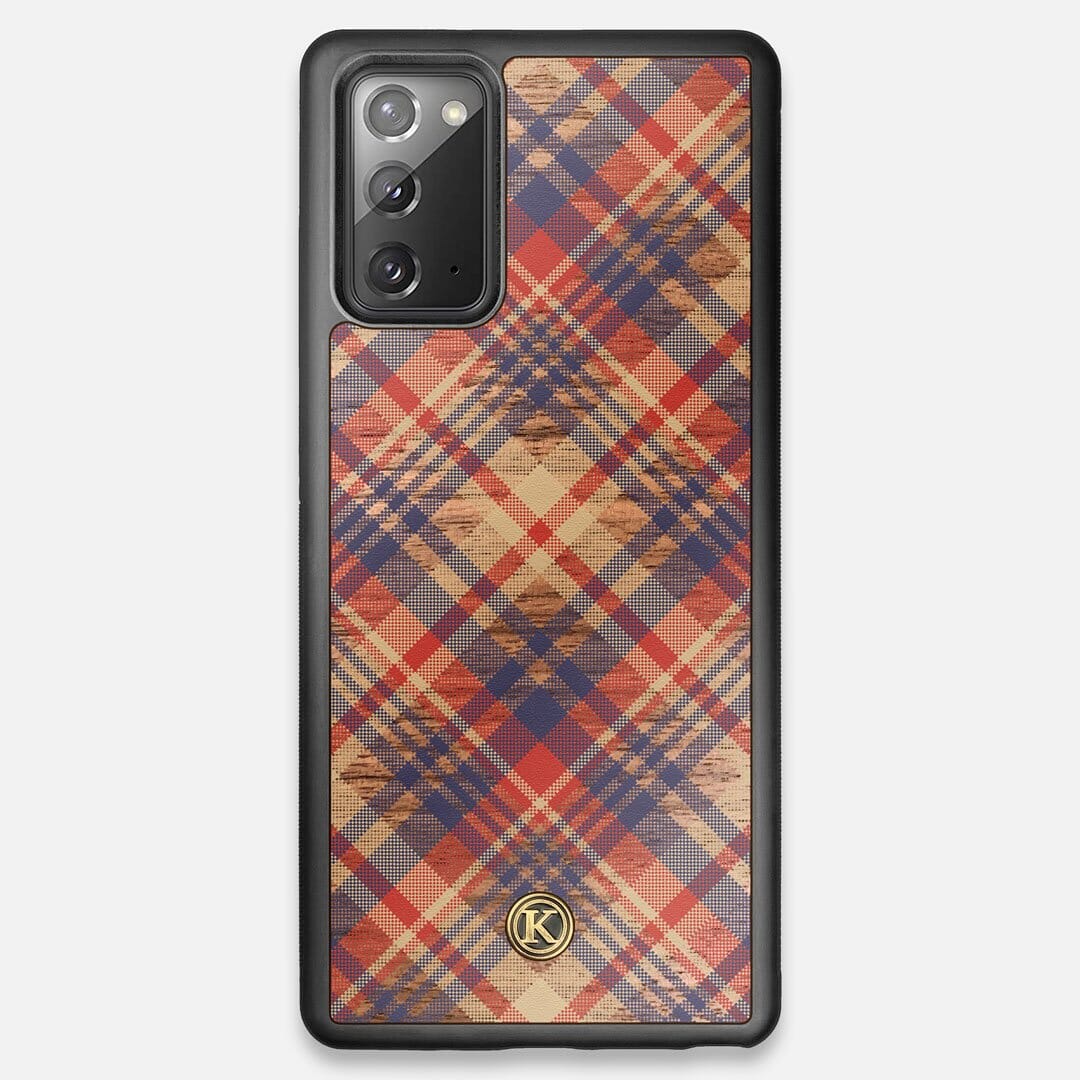 Front view of the Tartan print of beige, blue, and red on Walnut wood Galaxy Note 20 Case by Keyway Designs