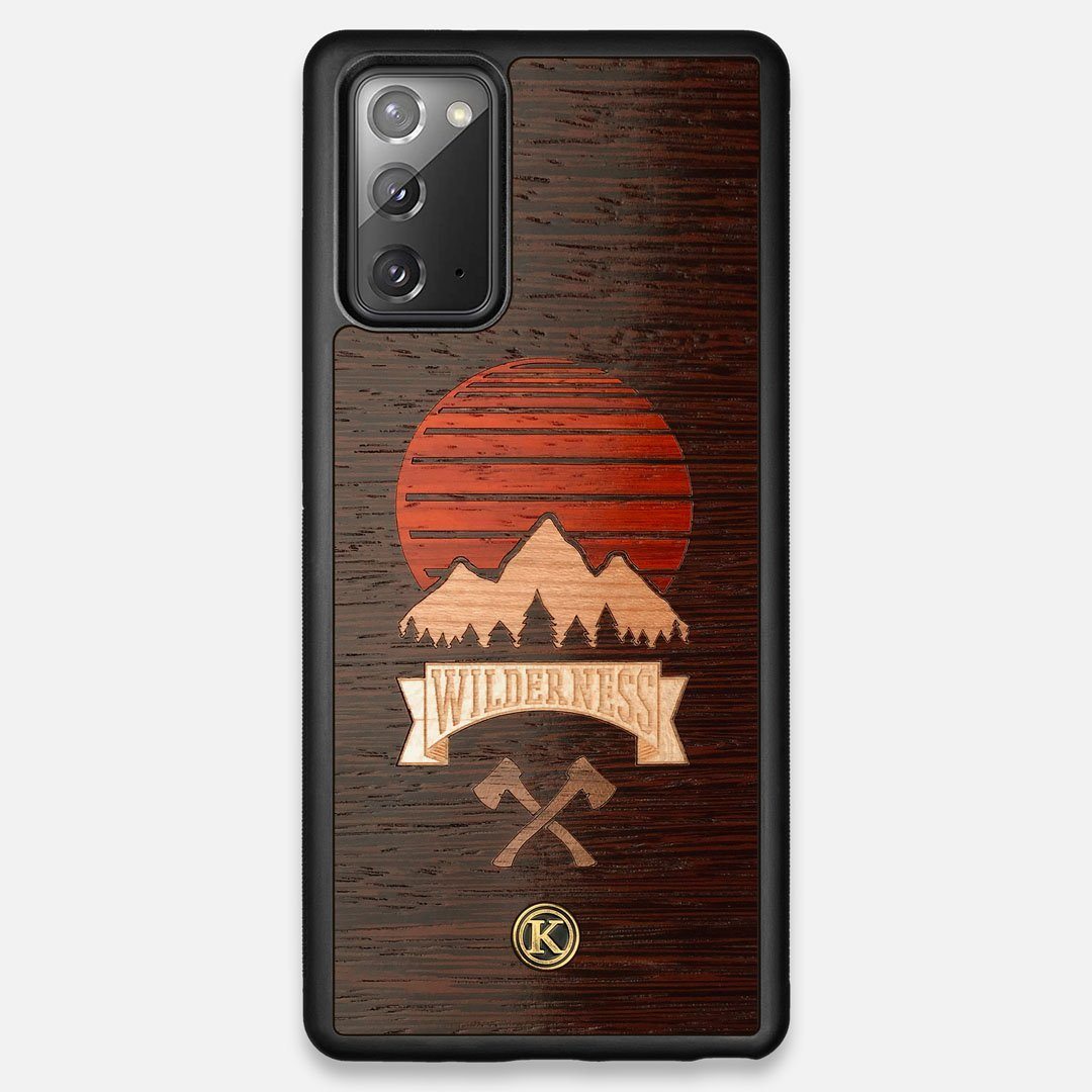 Front view of the crisp topographical map with Explorer badge printed on matte black impact acrylic Galaxy Note 20 Case by Keyway Designs