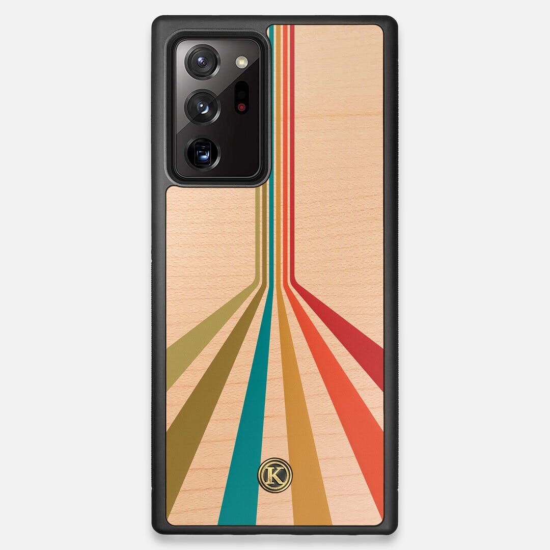 Front view of the array of colour beams splitting across the case printed on Maple wood Galaxy Note 20 Ultra Case by Keyway Designs
