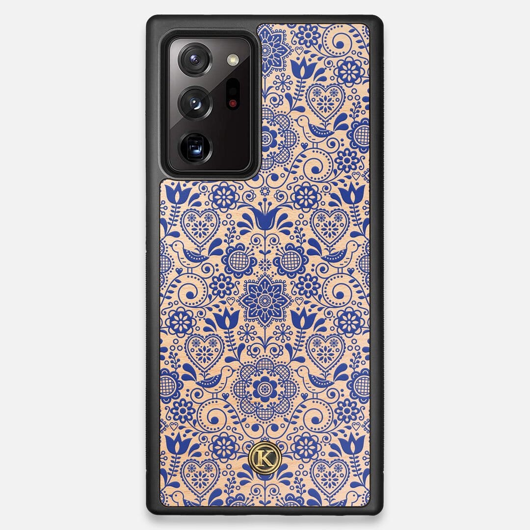 Front view of the blue floral pattern on maple wood Galaxy Note 20 Ultra Case by Keyway Designs