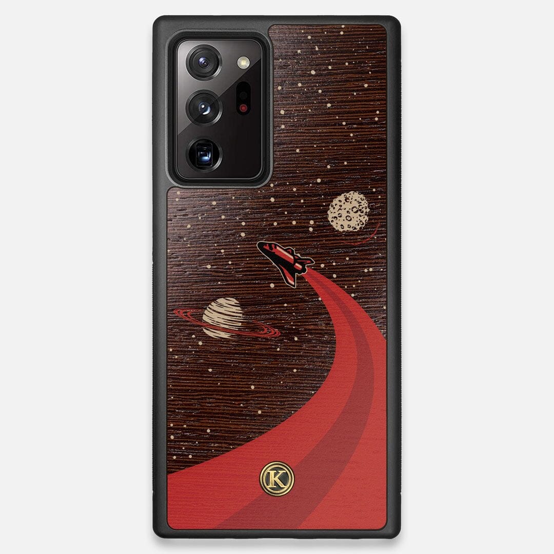 Front view of the stylized space shuttle boosting to saturn printed on Wenge wood Galaxy Note 20 Ultra Case by Keyway Designs