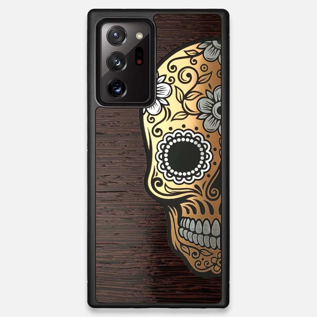 Front view of the Calavera Wood Sugar Skull Wood Galaxy Note 20 Ultra Case by Keyway Designs