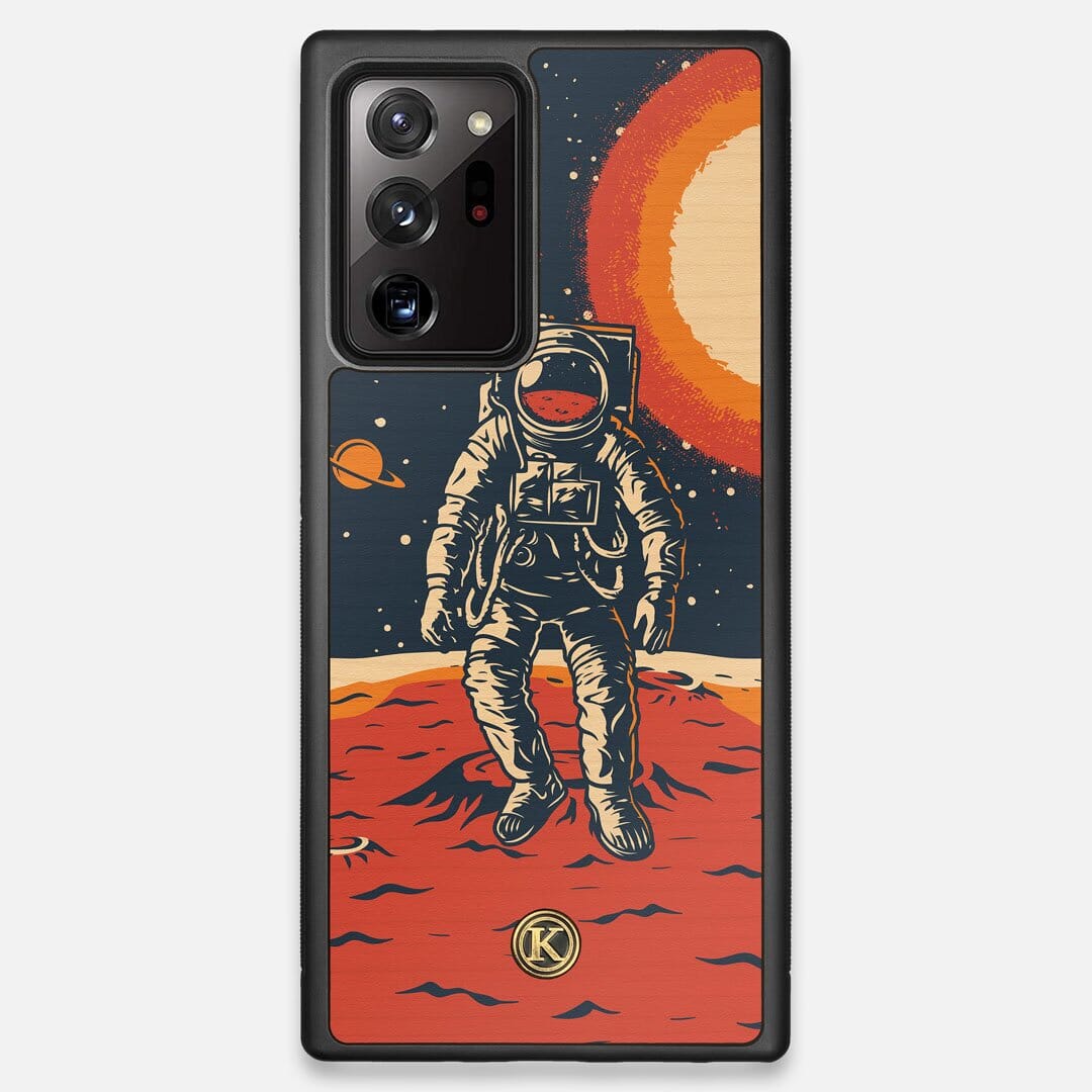 Front view of the stylized astronaut space-walk print on Cherry wood Galaxy Note 20 Ultra Case by Keyway Designs