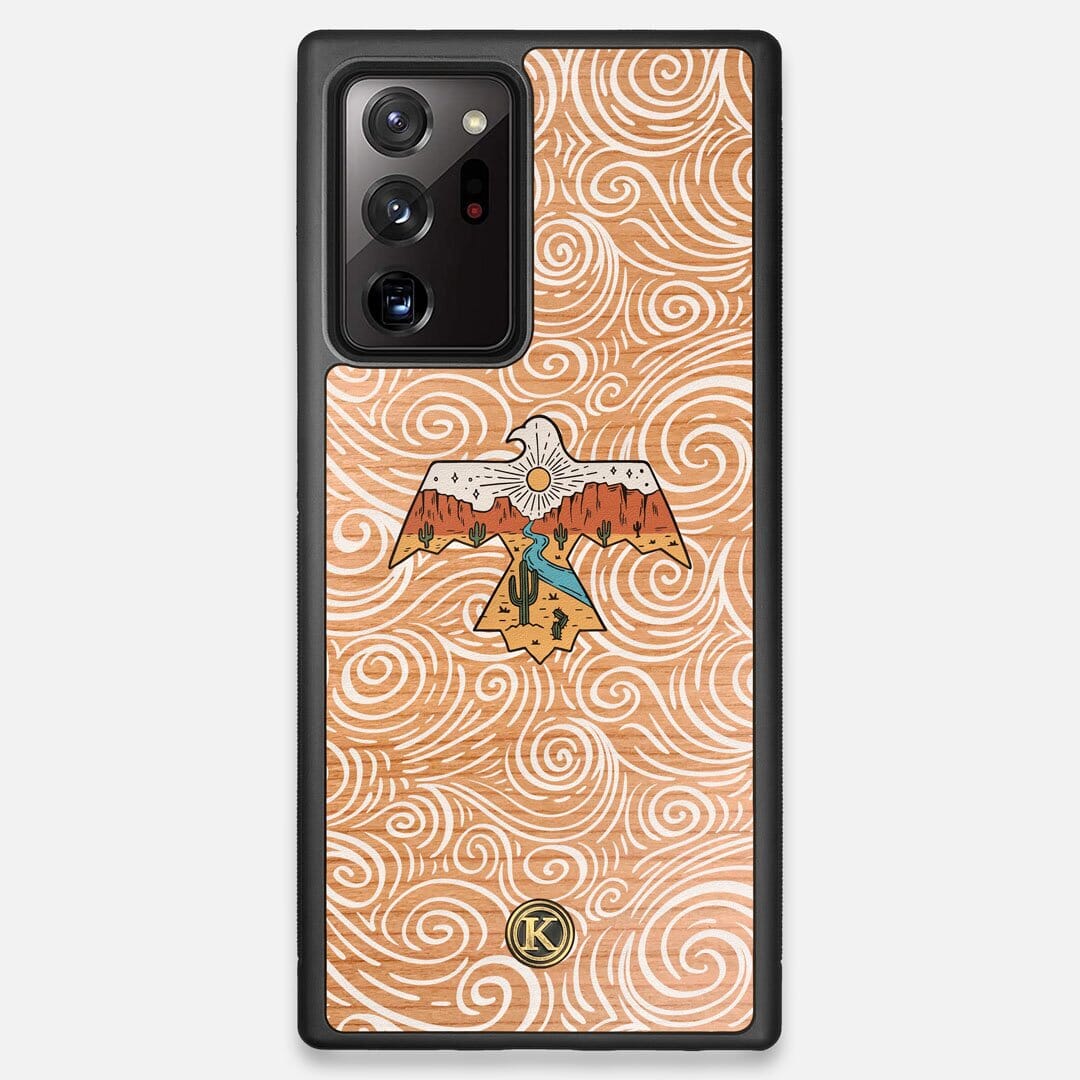 Front view of the double-exposure style eagle over flowing gusts of wind printed on Cherry wood Galaxy Note 20 Ultra Case by Keyway Designs
