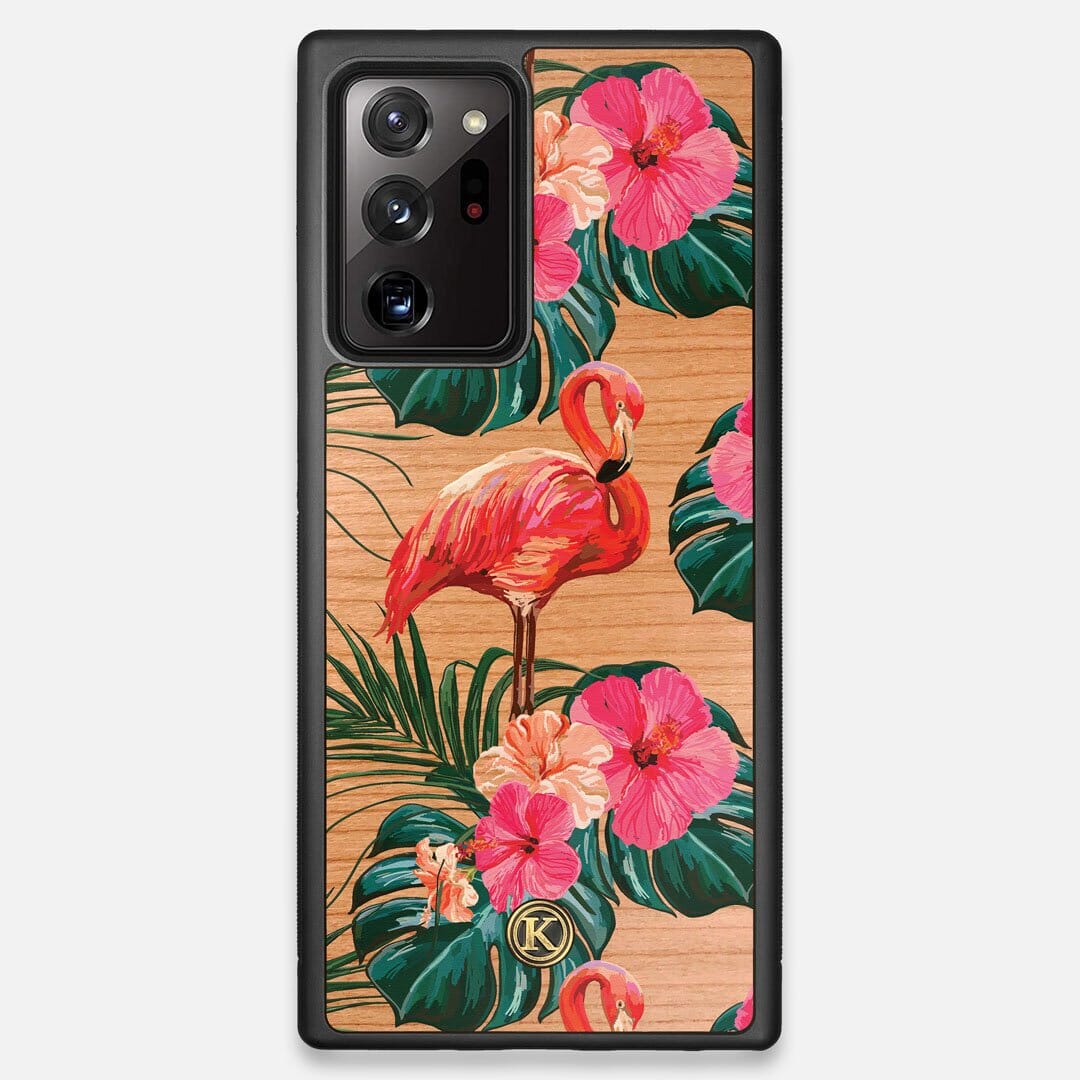 Front view of the Flamingo & Floral printed Cherry Wood Galaxy Note 20 Ultra Case by Keyway Designs