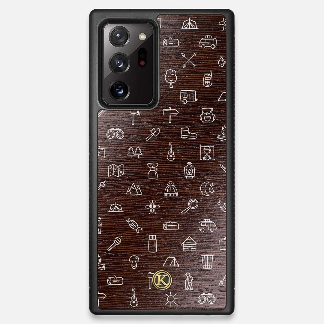 Front view of the fun detailed camping icon print on Wenge wood Galaxy Note 20 Ultra Case by Keyway Designs