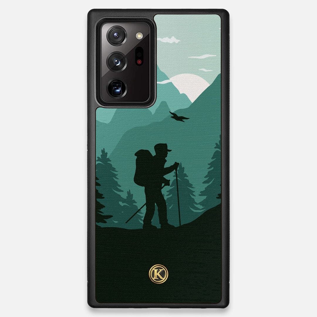 Front view of the stylized mountain hiker print on Wenge wood Galaxy Note 20 Ultra Case by Keyway Designs