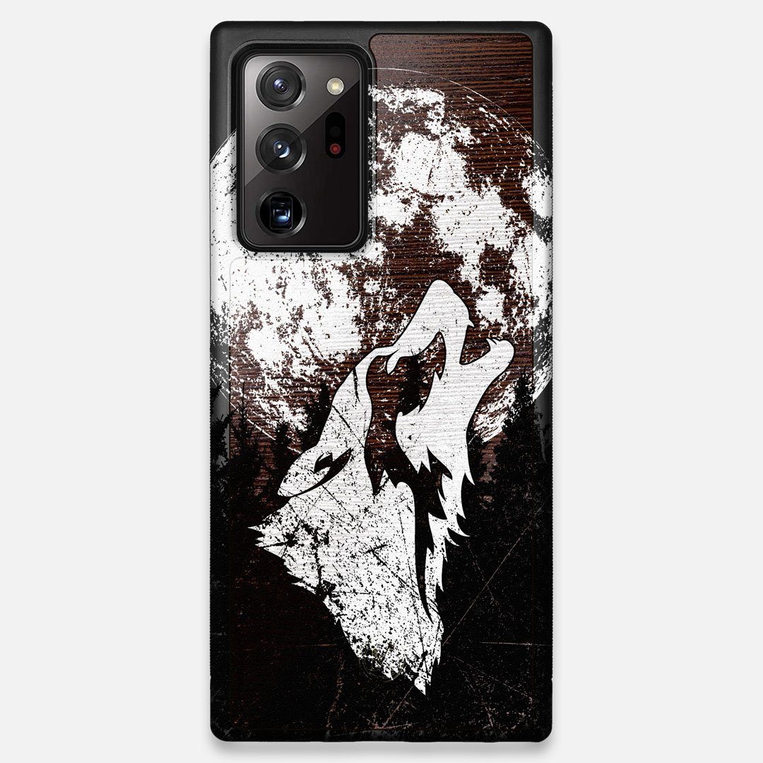 Front view of the high-contrast howling wolf on a full moon printed on a Wenge Wood Galaxy Note 20 Ultra Case by Keyway Designs
