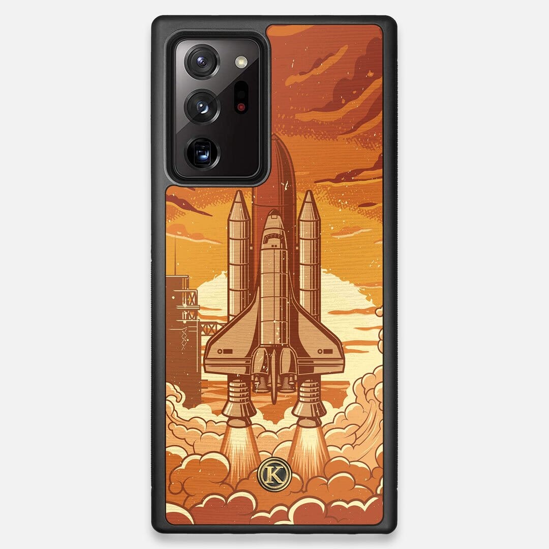 Front view of the vibrant stylized space shuttle launch print on Wenge wood Galaxy Note 20 Ultra Case by Keyway Designs