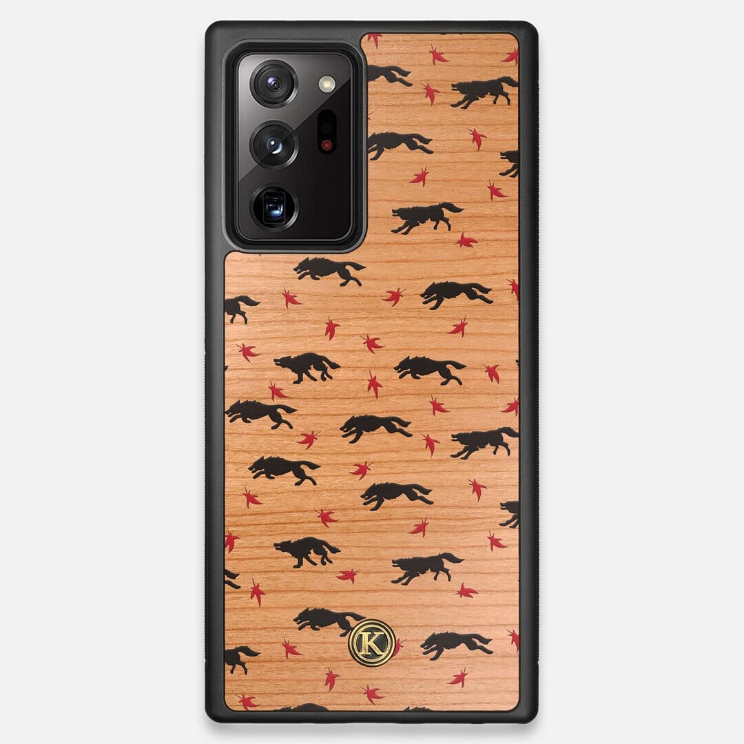 Front view of the unique pattern of wolves and Maple leaves printed on Cherry wood Galaxy Note 20 Ultra Case by Keyway Designs