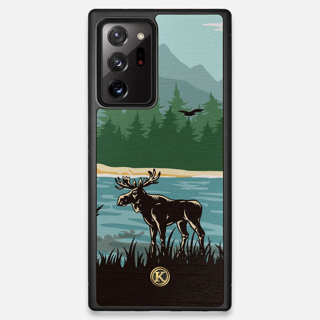 Front view of the stylized bull moose forest print on Wenge wood Galaxy Note 20 Ultra Case by Keyway Designs
