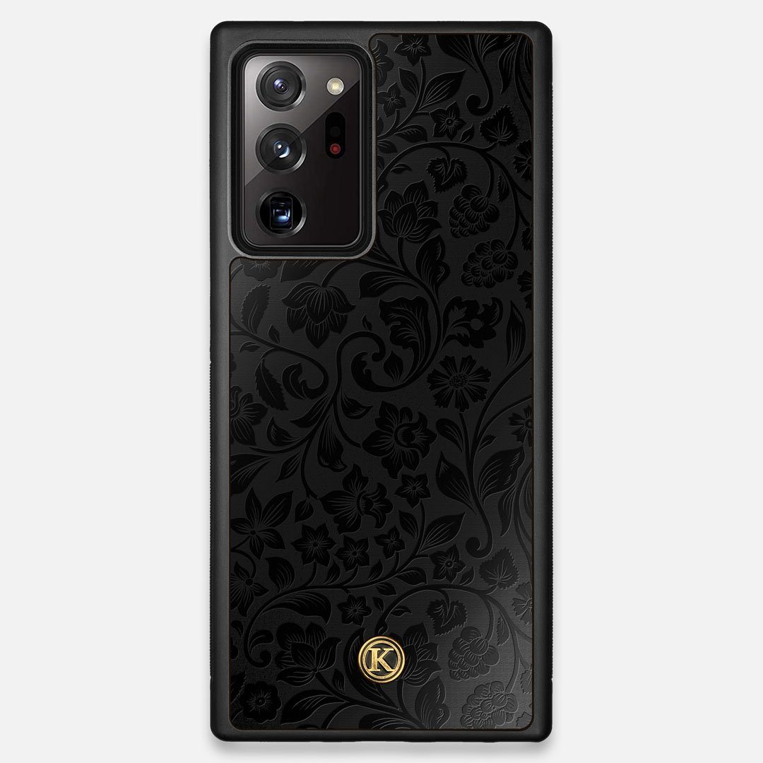 Front view of the highly detailed midnight floral engraving on matte black impact acrylic Galaxy Note 20 Ultra Case by Keyway Designs