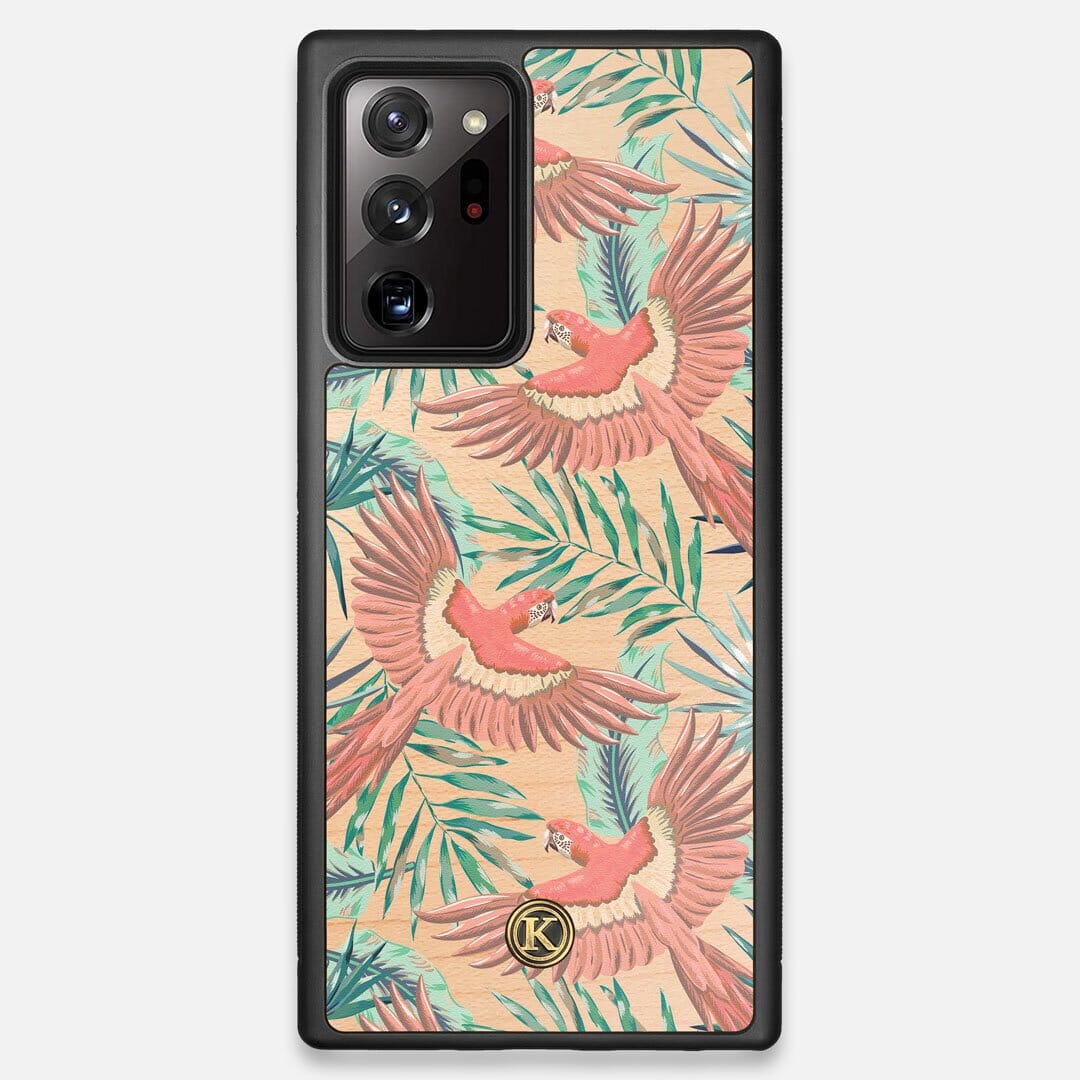 Front view of the Paradise Macaw and Tropical Leaf printed Maple Wood Galaxy Note 20 Ultra Case by Keyway Designs