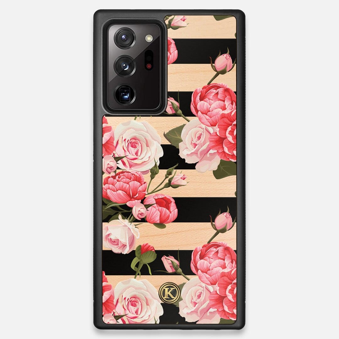 Front view of the artsy print of stripes with peonys and roses on Maple wood Galaxy Note 20 Ultra Case by Keyway Designs