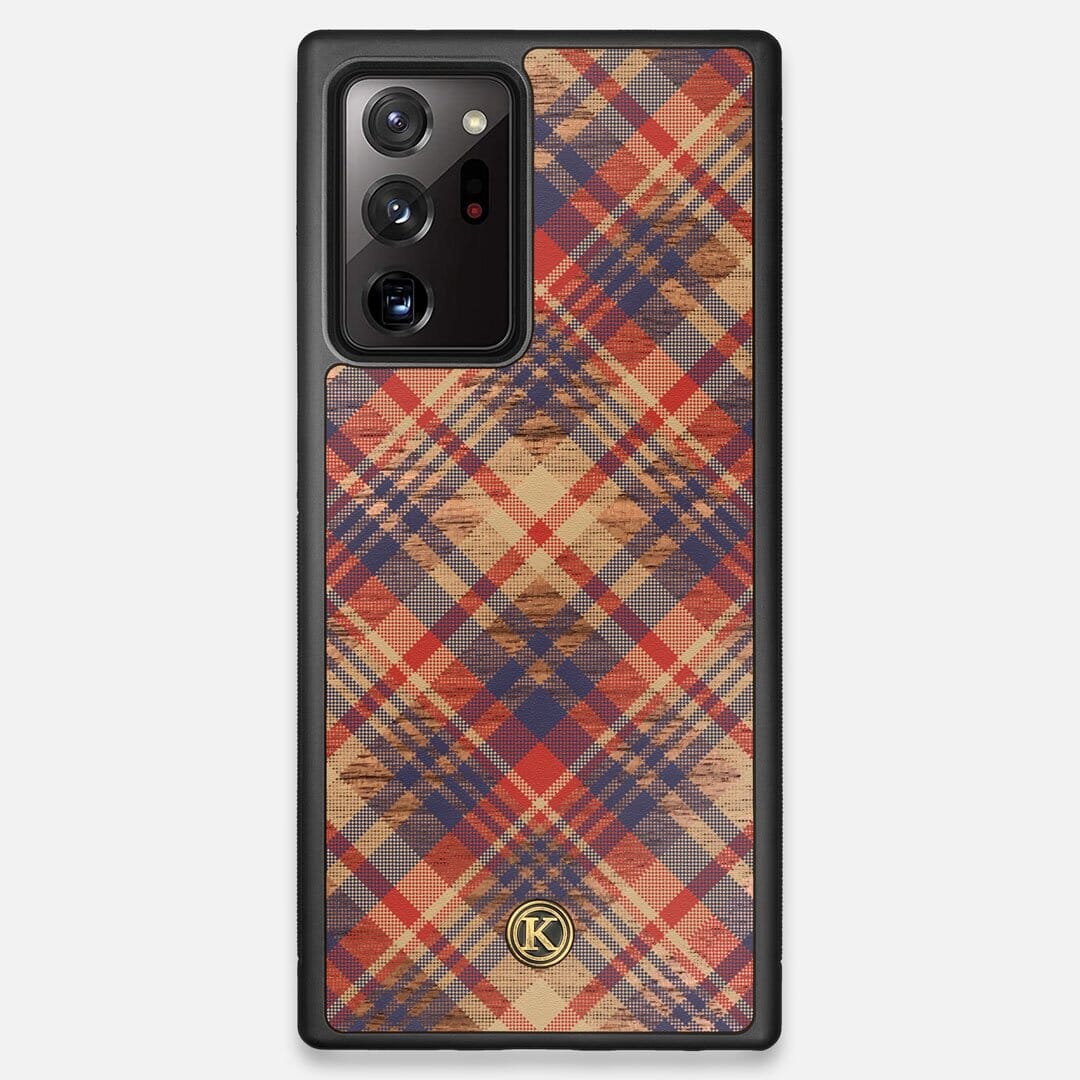 Front view of the Tartan print of beige, blue, and red on Walnut wood Galaxy Note 20 Ultra Case by Keyway Designs