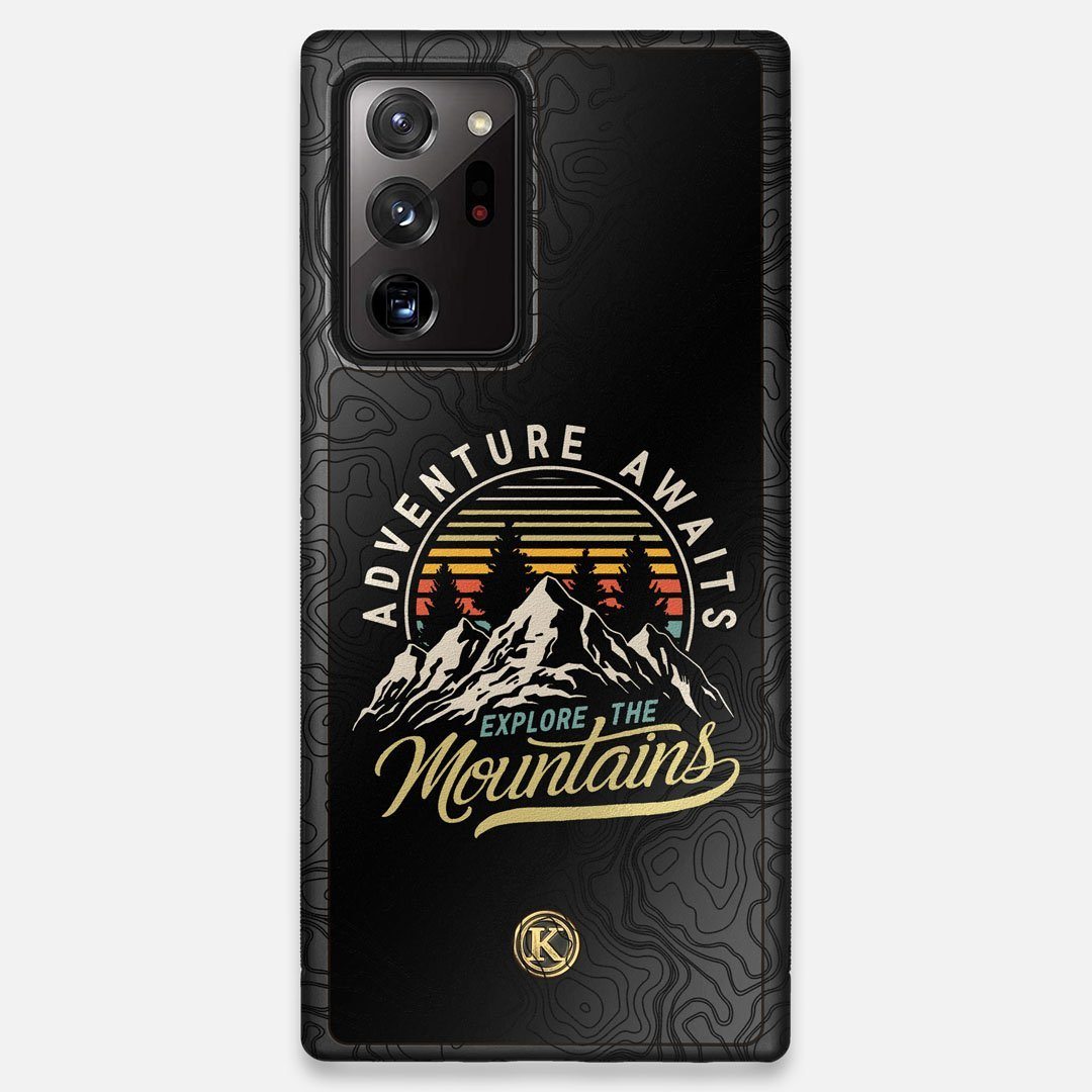 Front view of the crisp topographical map with Explorer badge printed on matte black impact acrylic Galaxy Note 20 Ultra Case by Keyway Designs