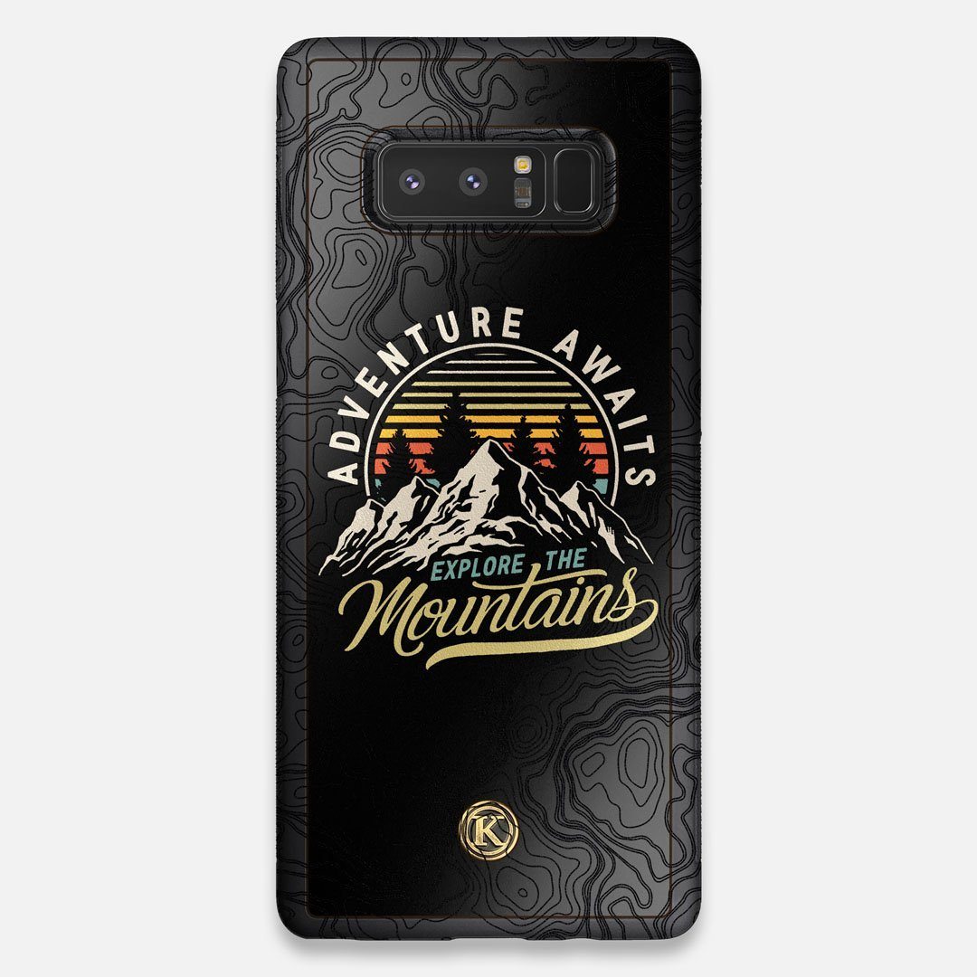 Front view of the crisp topographical map with Explorer badge printed on matte black impact acrylic Galaxy Note 8 Case by Keyway Designs