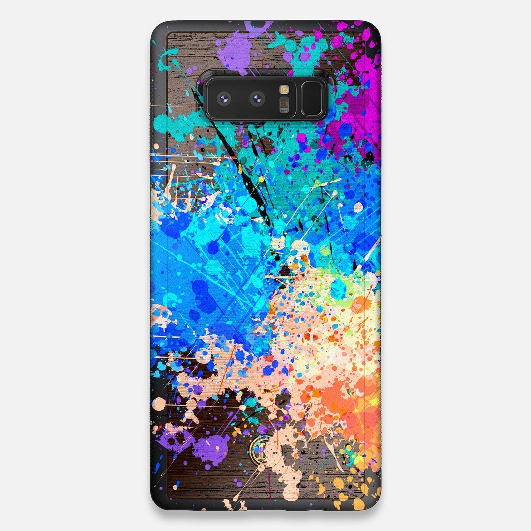 Front view of the realistic paint splatter 'Chroma' printed Wenge Wood Galaxy Note 8 Case by Keyway Designs