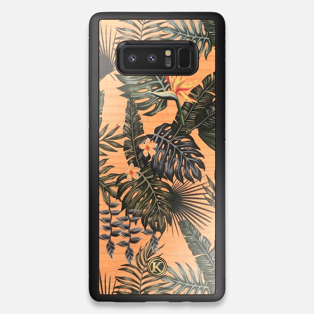 Front view of the Floral tropical leaf printed Cherry Wood Galaxy Note 8 Case by Keyway Designs