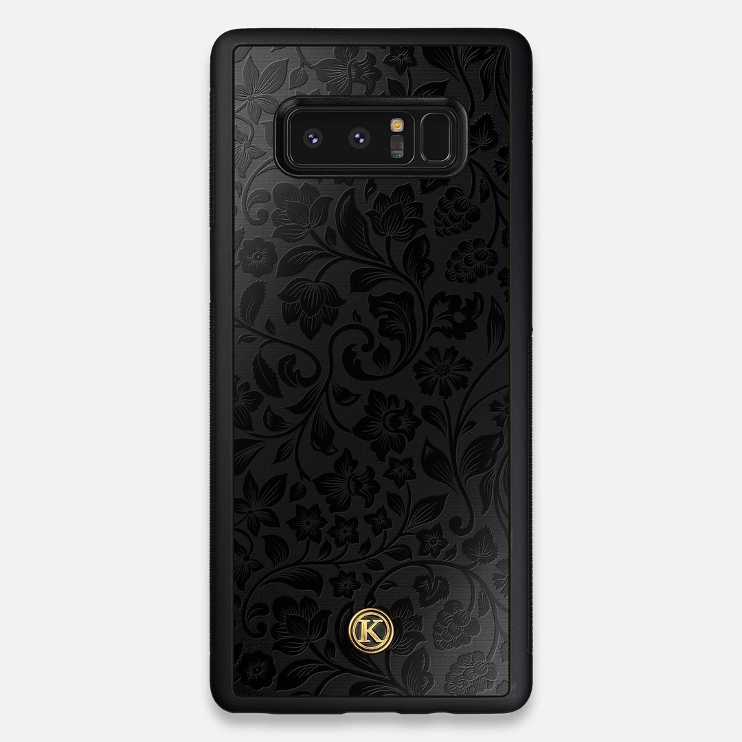 Front view of the highly detailed midnight floral engraving on matte black impact acrylic Galaxy Note 8 Case by Keyway Designs