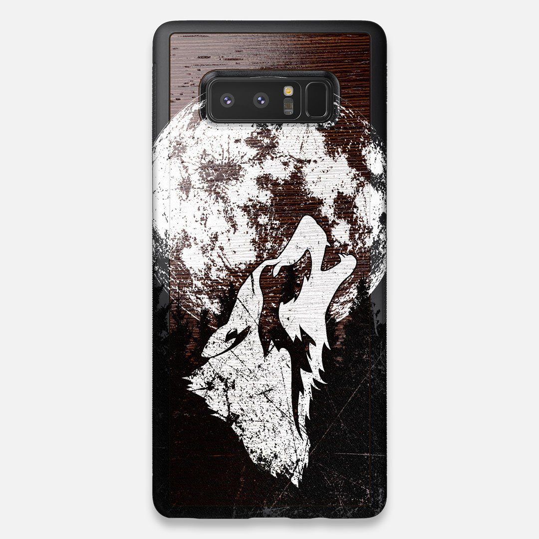 Front view of the high-contrast howling wolf on a full moon printed on a Wenge Wood Galaxy Note 8 Case by Keyway Designs