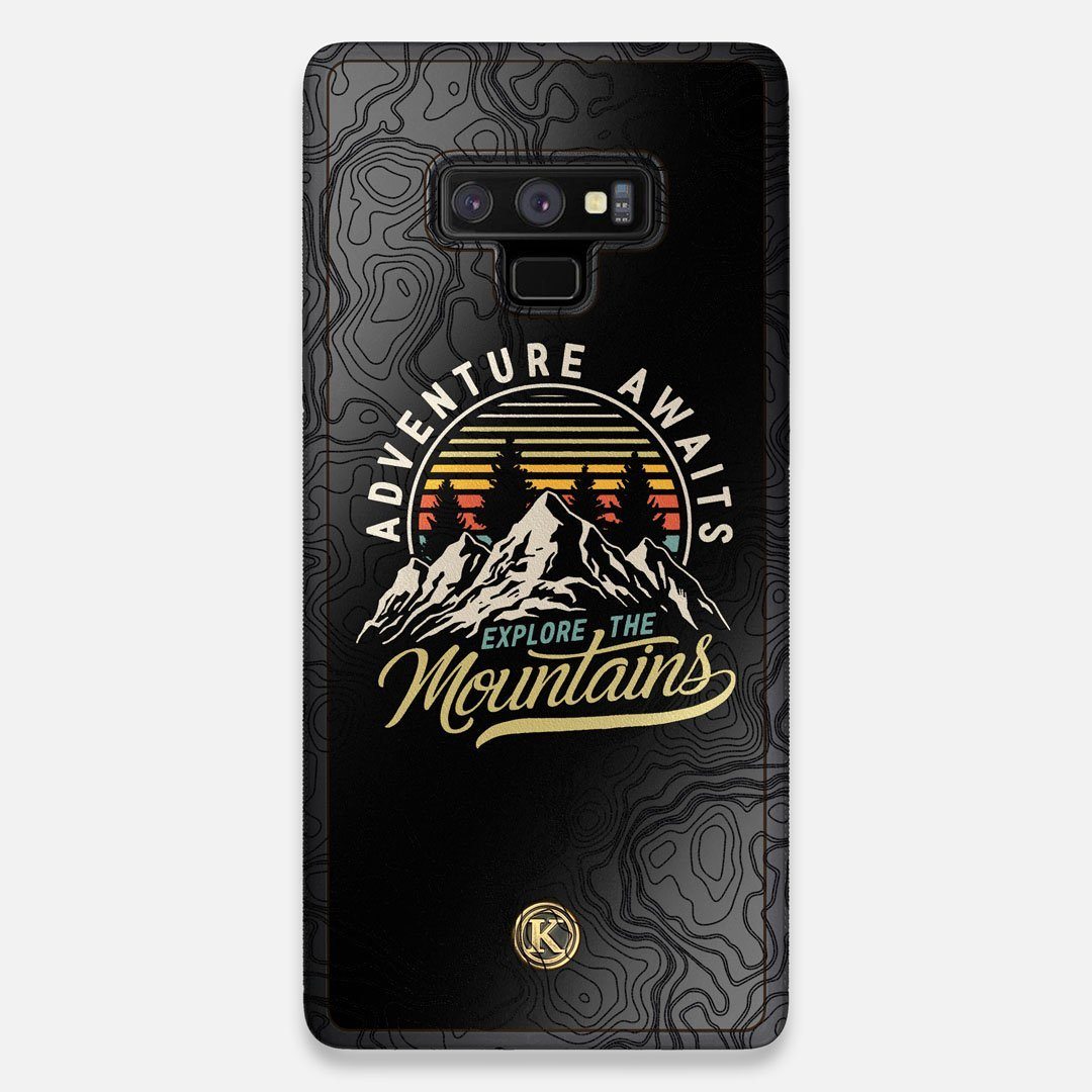 Front view of the crisp topographical map with Explorer badge printed on matte black impact acrylic Galaxy Note 9 Case by Keyway Designs