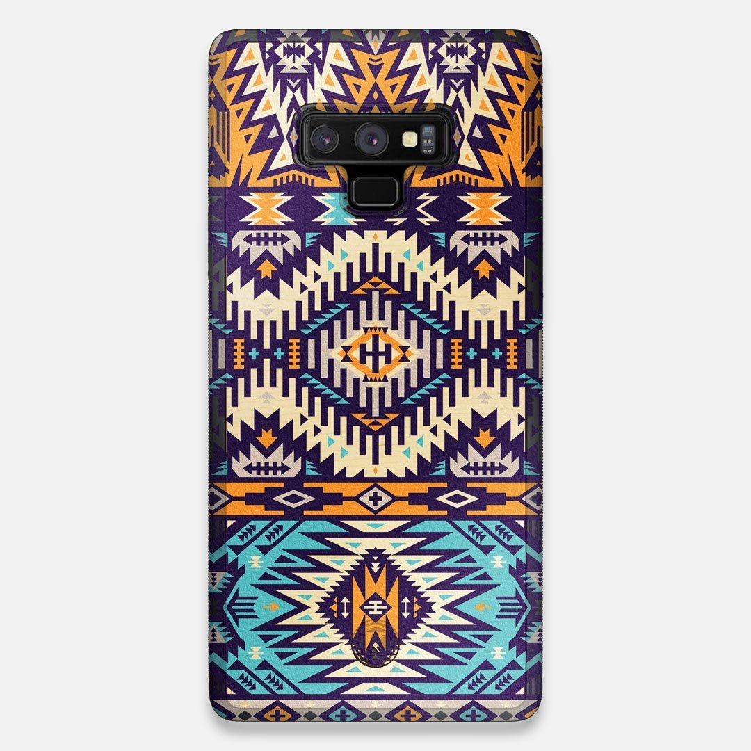 Front view of the vibrant Aztec printed Maple Wood Galaxy Note 9 Case by Keyway Designs