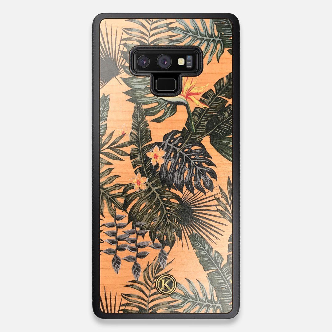 Front view of the Floral tropical leaf printed Cherry Wood Galaxy Note 9 Case by Keyway Designs