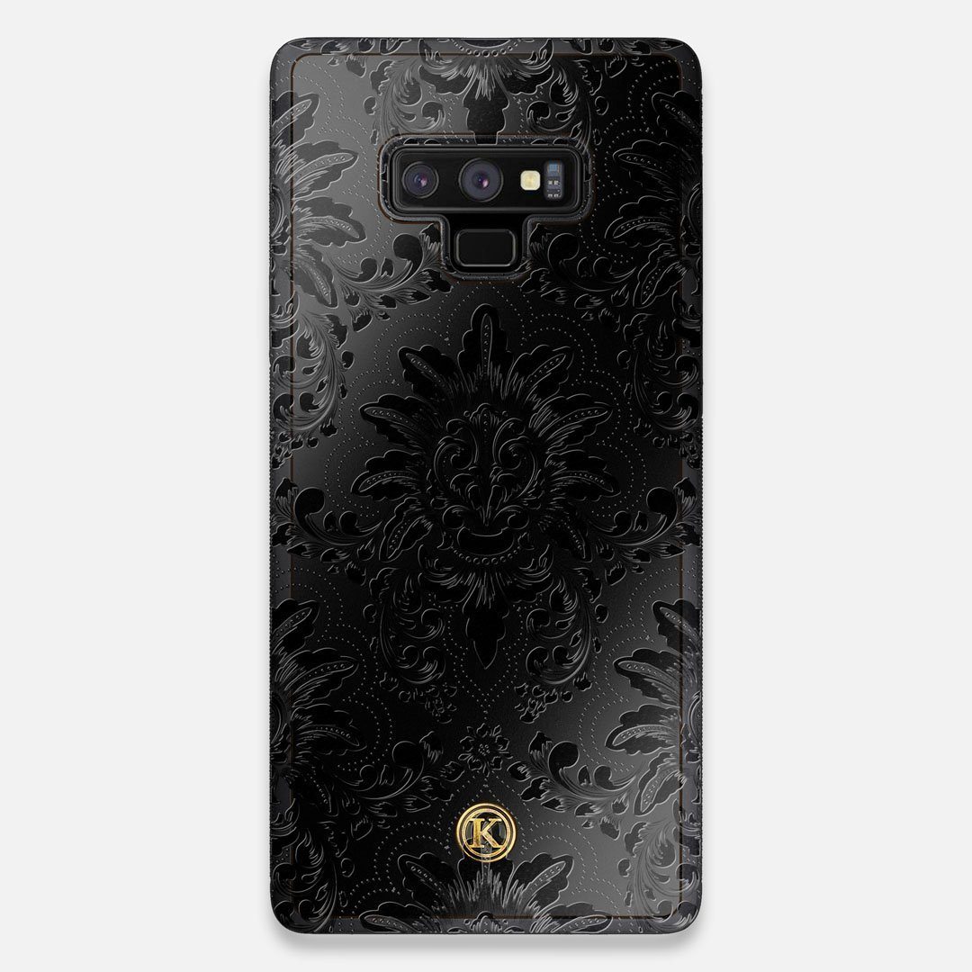 Front view of the detailed gloss Damask pattern printed on matte black impact acrylic Galaxy Note 9 Case by Keyway Designs