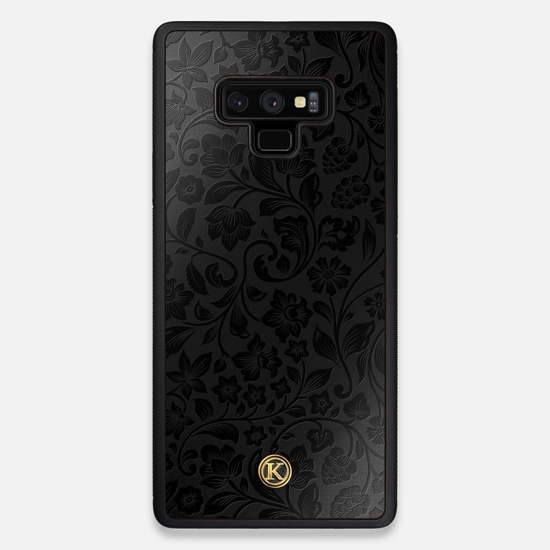Front view of the highly detailed midnight floral engraving on matte black impact acrylic Galaxy Note 9 Case by Keyway Designs
